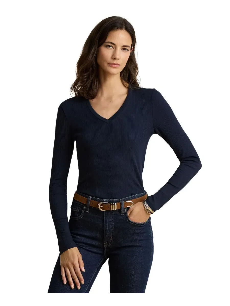 Женский топ с V-образным вырезом и длинным рукавом из рибаны Lauren Ralph Lauren — изображение 1 из 6, темно-синий