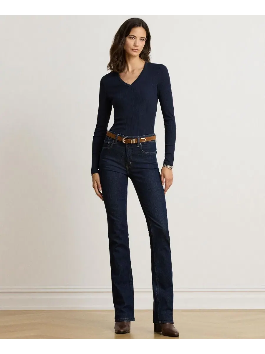 Женский топ с V-образным вырезом и длинным рукавом из рибаны Lauren Ralph Lauren — изображение 2 из 6, темно-синий