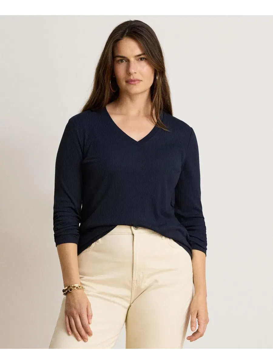 Женский топ с V-образным вырезом и длинным рукавом из рибаны Lauren Ralph Lauren — изображение 3 из 6, темно-синий