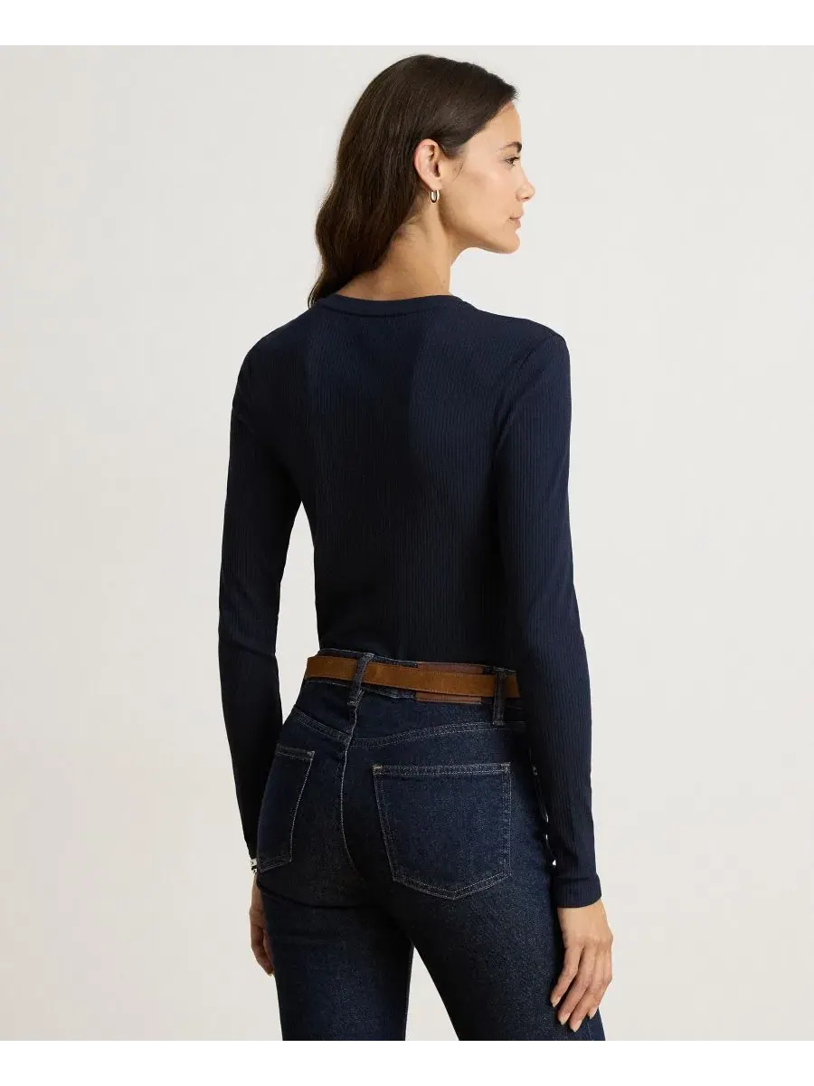 Женский топ с V-образным вырезом и длинным рукавом из рибаны Lauren Ralph Lauren — изображение 5 из 6, темно-синий