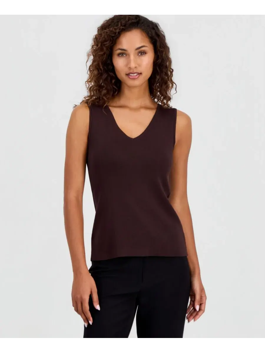 Топ без рукавов с V-образным вырезом Petite V-Neck Sleeveless Tank Top Tahari ASL — изображение 1 из 3, эспрессо