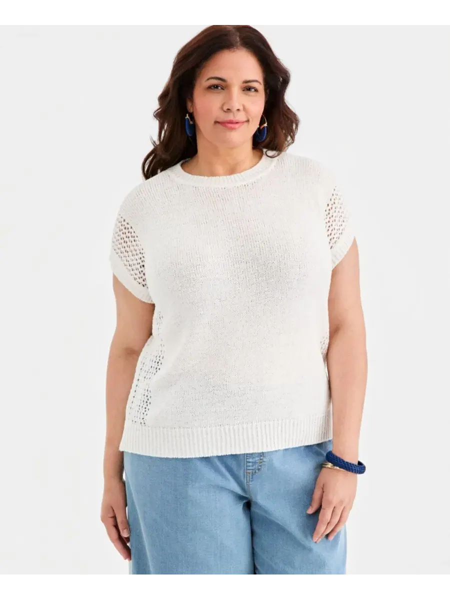 Свитер с рукавом долман и открытой вязкой, модель Mixed-Stitch Style & Co, Shiitake — изображение 1 из 4