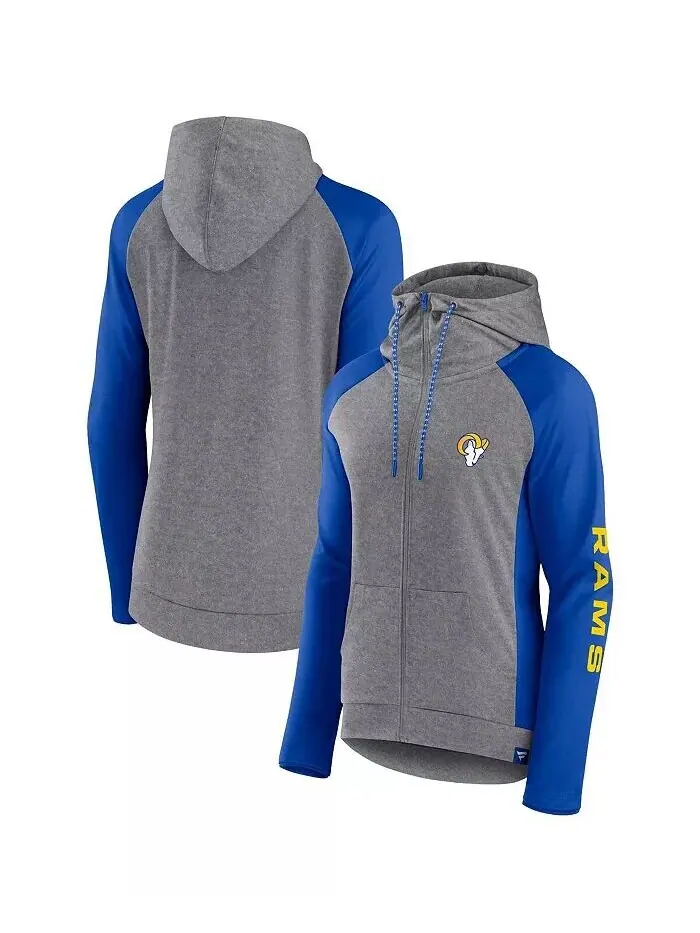 Женская легкая худи с молнией во всю длину, Heather Grey, College Royal Los Angeles Rams Blind Side — серый