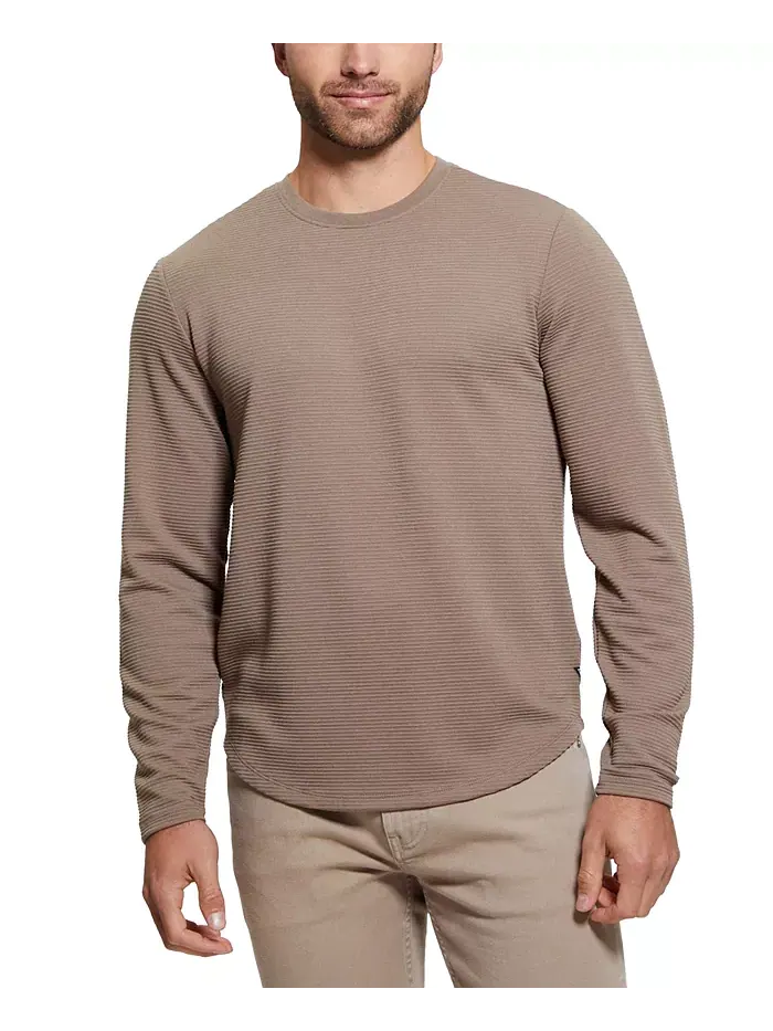 Мужская футболка с длинным рукавом Relaxed Fit Linear Textured Crewneck GUESS — изображение 1 из 3, коричневый