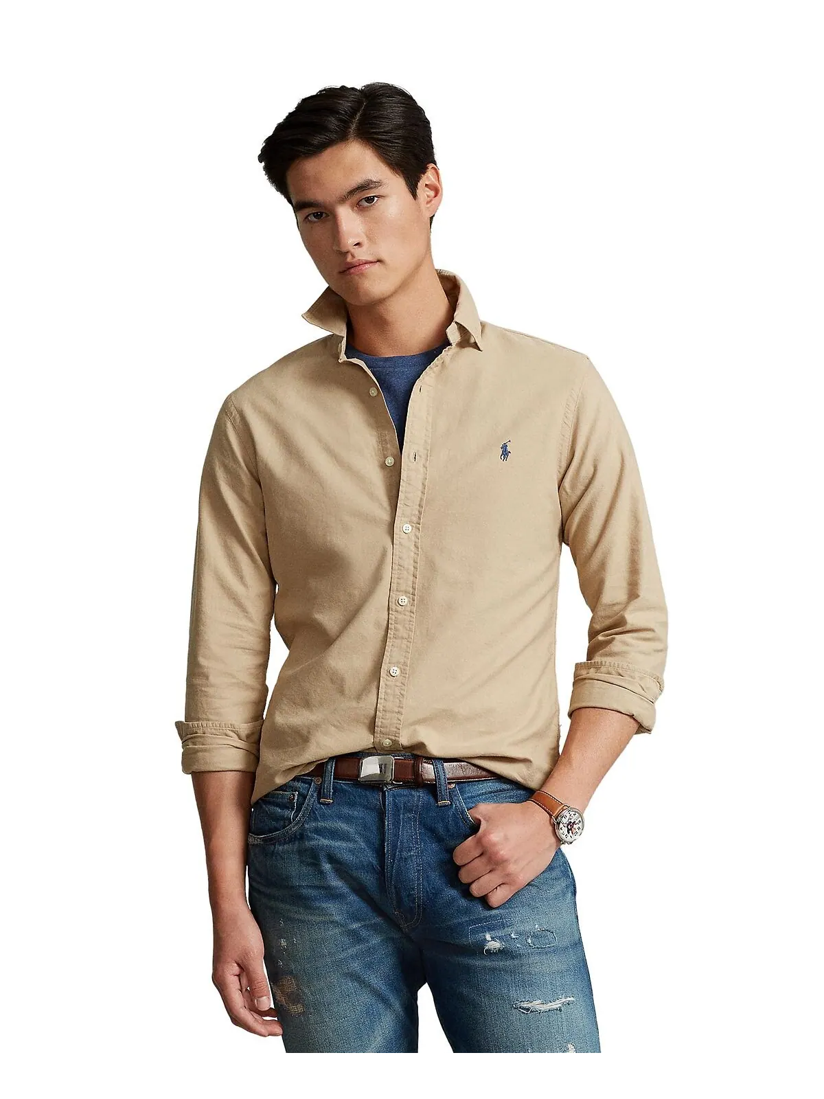 Мужская оксфордская рубашка, окрашенная в готовой одежде Polo Ralph Lauren — изображение 1 из 4, бежевый