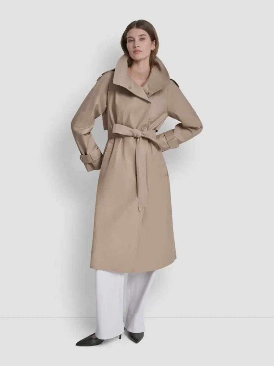 Женский длинный тренч с поясом и воротником-стойкой DKNY