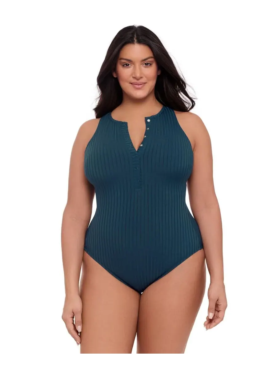 Женский слитный купальник S3 с ребристым верхом, высоким воротником и застежкой на кнопках спереди — изображение 1 из 3