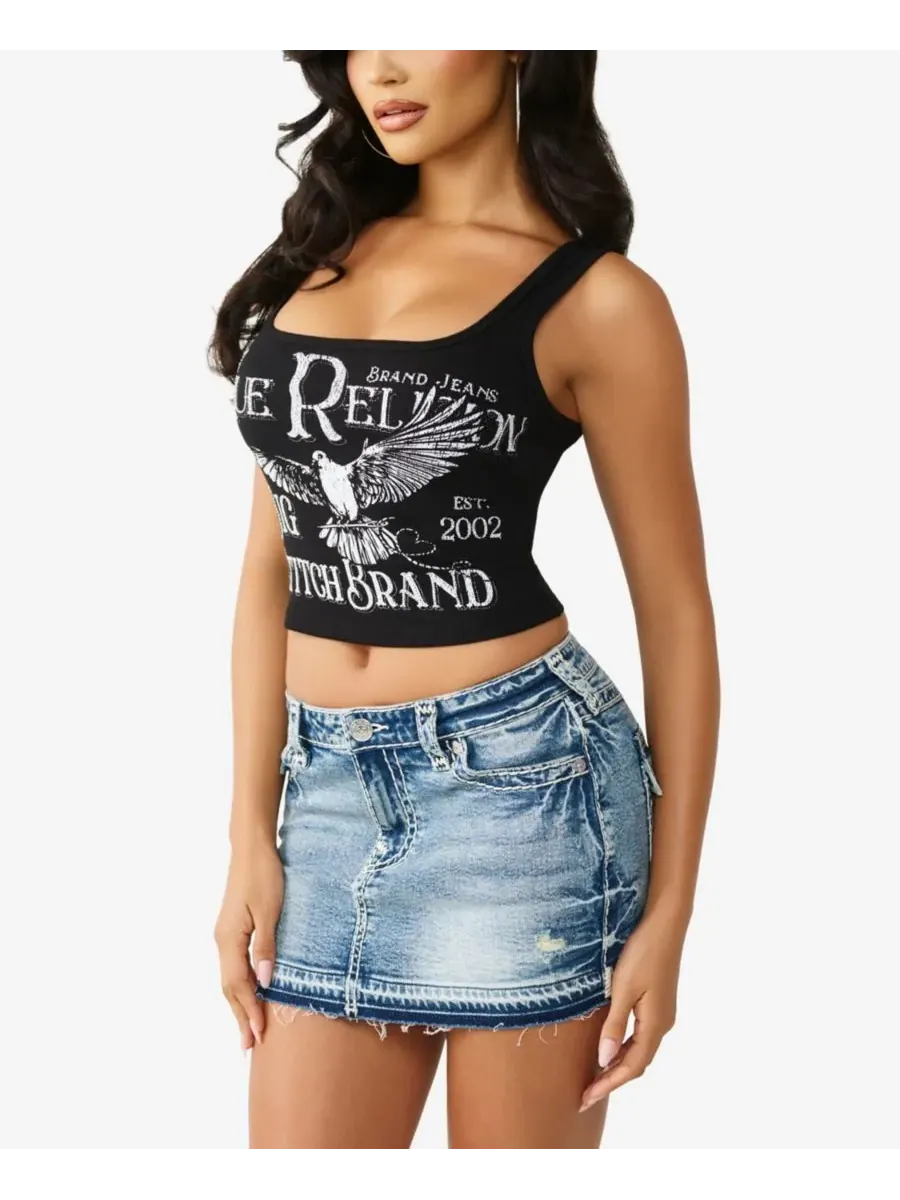Женская майка в рубчик с кристаллическим принтом True Religion — изображение 2 из 3, черный