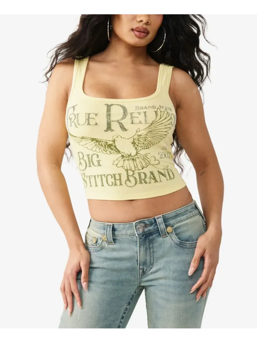Женская майка в рубчик с кристаллическим принтом True Religion — изображение 1 из 3, желтый