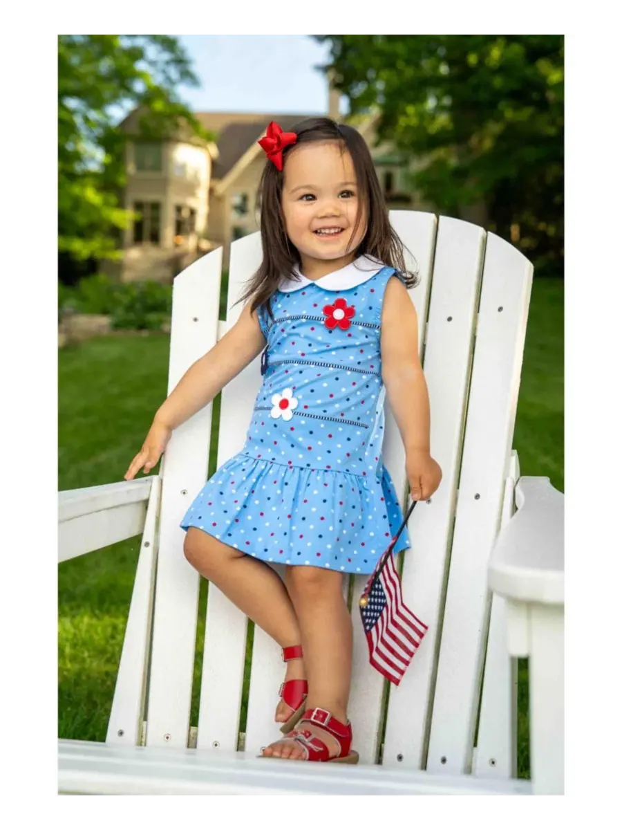 Платье для девочек без рукавов с принтом в горошек, модель Big Girls 7-8 Printed Knit Dress With — изображение 2 из 5, синий