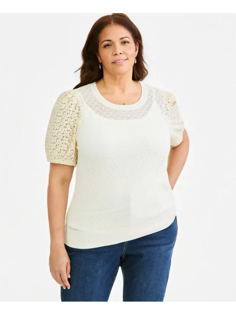 Свитер с коротким рукавом и фактурной вязкой Pointelle Plus Size, модель Puff-Sleeve Pointelle — изображение 1 из 4
