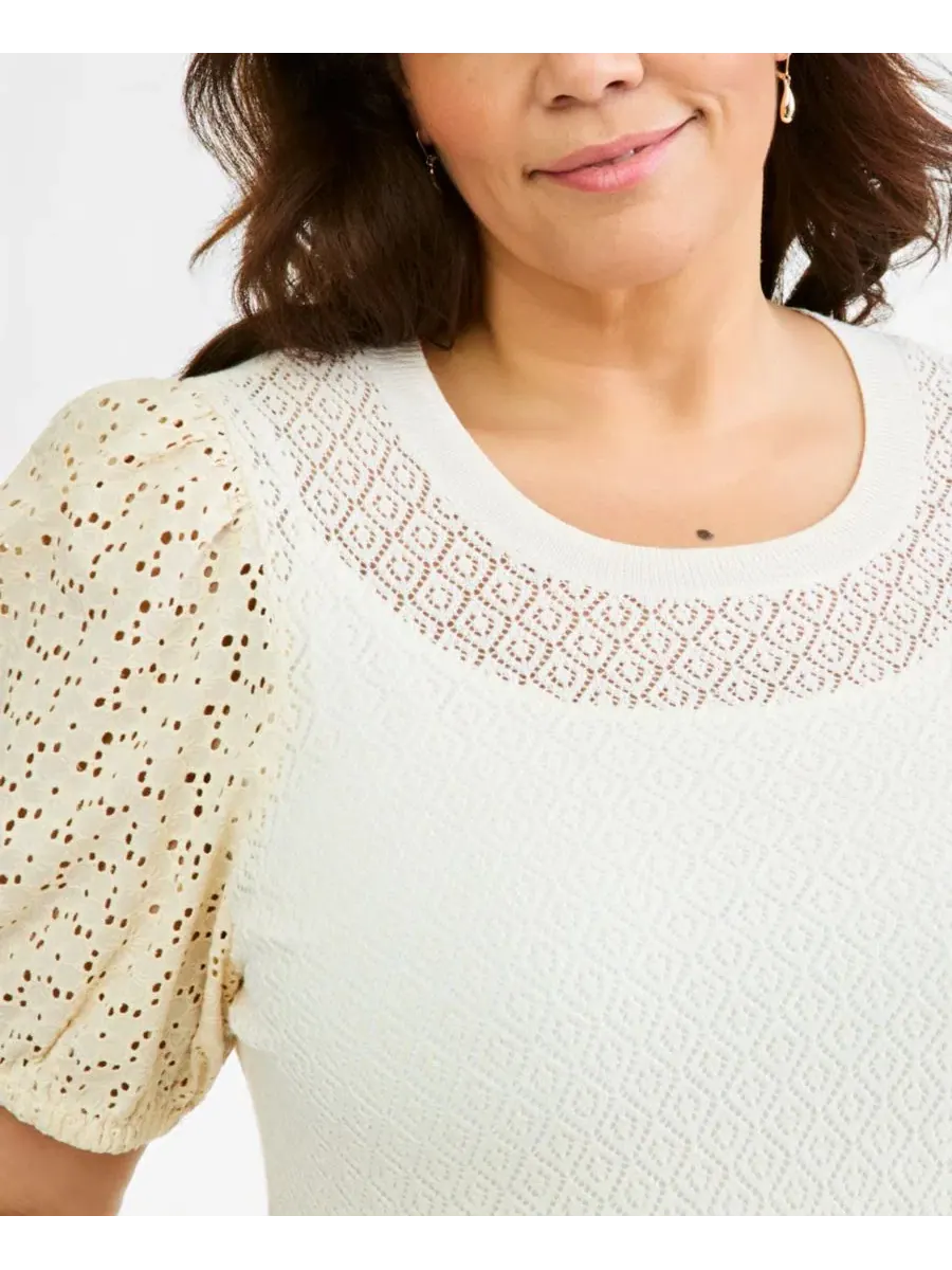 Свитер с коротким рукавом и фактурной вязкой Pointelle Plus Size, модель Puff-Sleeve Pointelle — изображение 2 из 4
