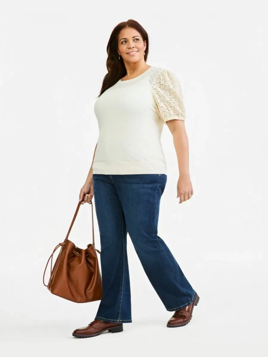 Свитер с коротким рукавом и фактурной вязкой Pointelle Plus Size, модель Puff-Sleeve Pointelle — изображение 3 из 4