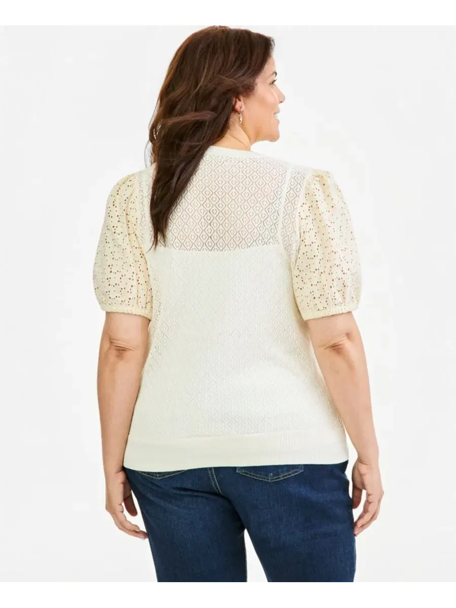 Свитер с коротким рукавом и фактурной вязкой Pointelle Plus Size, модель Puff-Sleeve Pointelle — изображение 4 из 4