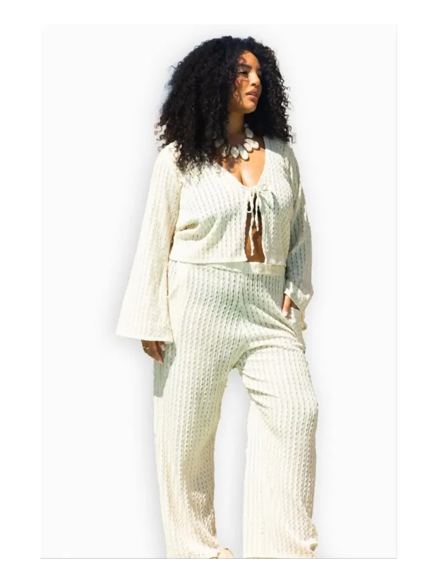 Женские широкие вязаные брюки для отдыха FASHION-SZN CURVE — изображение 3 из 4, бежевый