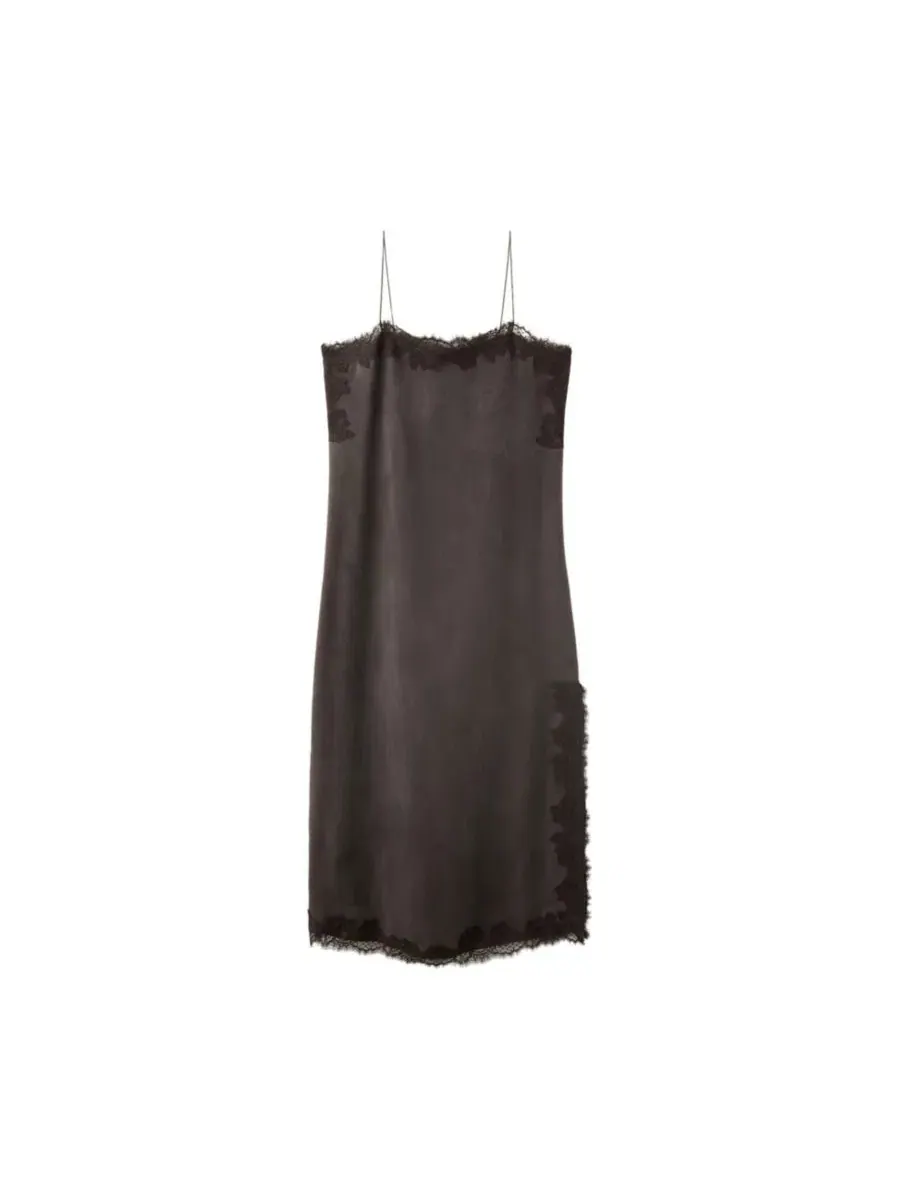 Платье миди с кружевной отделкой и разрезом сбоку, модель Lace Camisole Side Slit Midi MANGO — изображение 1 из 3, коричневый
