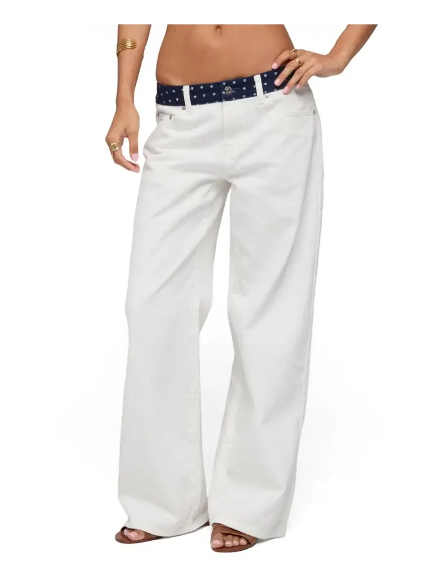 Джинсы с заниженной талией и принтом в горошек Polka Dot Waistband Low Rise Baggy Edikted — изображение 1 из 5, белый
