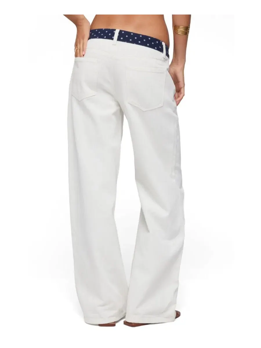 Джинсы с заниженной талией и принтом в горошек Polka Dot Waistband Low Rise Baggy Edikted — изображение 2 из 5, белый