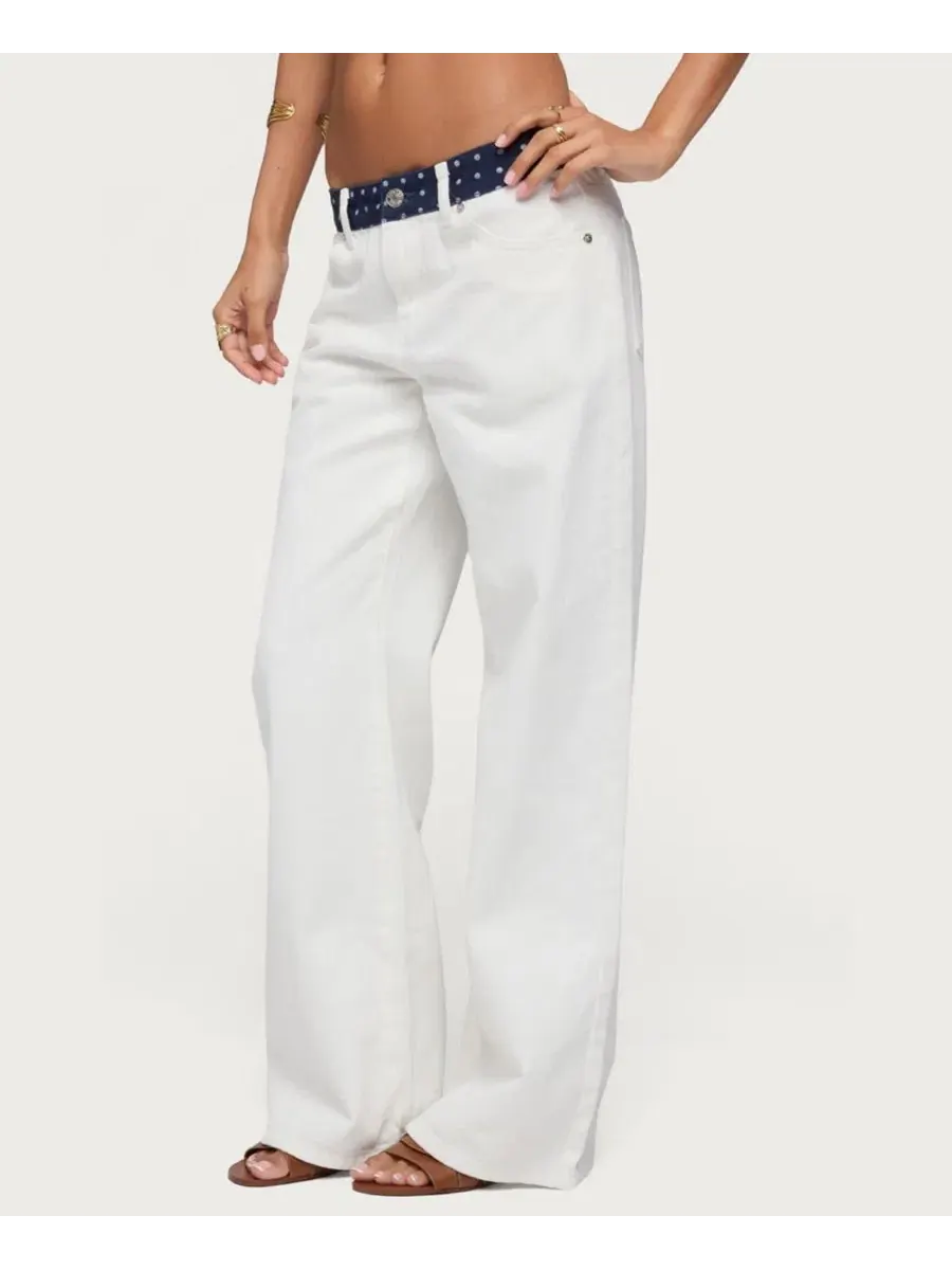 Джинсы с заниженной талией и принтом в горошек Polka Dot Waistband Low Rise Baggy Edikted — изображение 4 из 5, белый