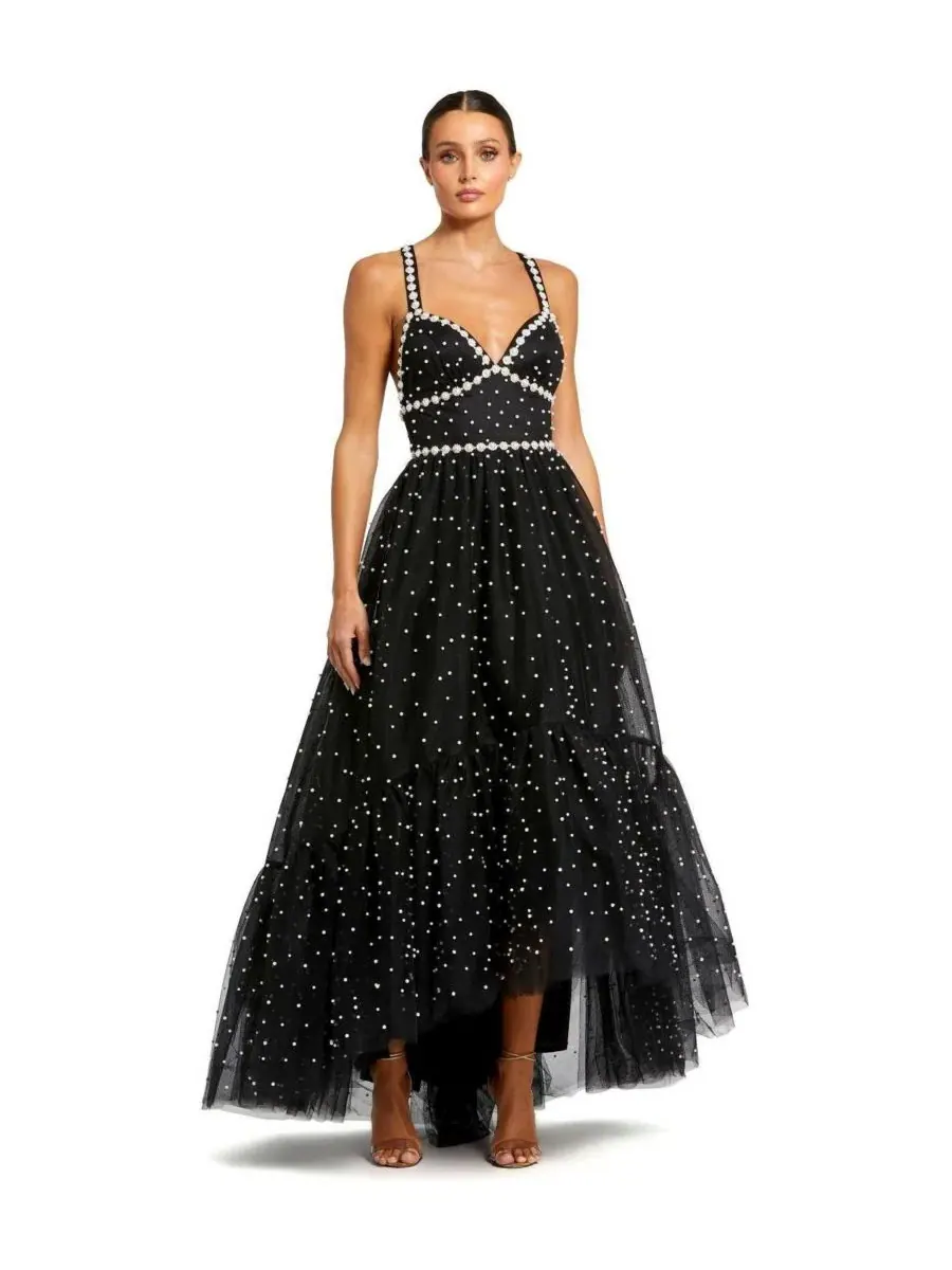 Платье с жемчужной отделкой, с открытыми плечами, модель Pearl Beaded High Low Gown Mac Duggal — изображение 1 из 3, белый