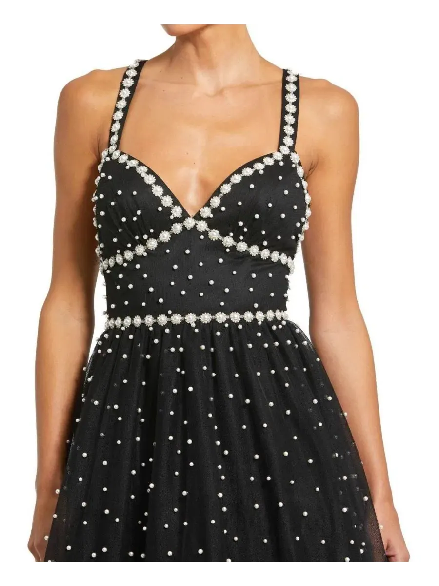 Платье с жемчужной отделкой, с открытыми плечами, модель Pearl Beaded High Low Gown Mac Duggal — изображение 3 из 3, белый