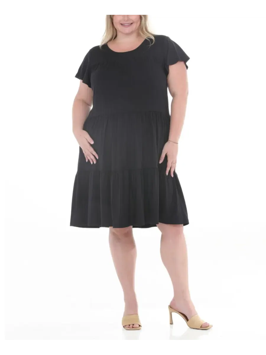 Платье миди с воланами и рукавом-фонарик Plus Size Flutter-Sleeve Ruffle Tiered Dress White Mark — изображение 1 из 5, черный