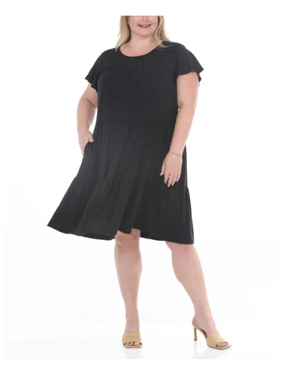 Платье миди с воланами и рукавом-фонарик Plus Size Flutter-Sleeve Ruffle Tiered Dress White Mark — изображение 2 из 5, черный