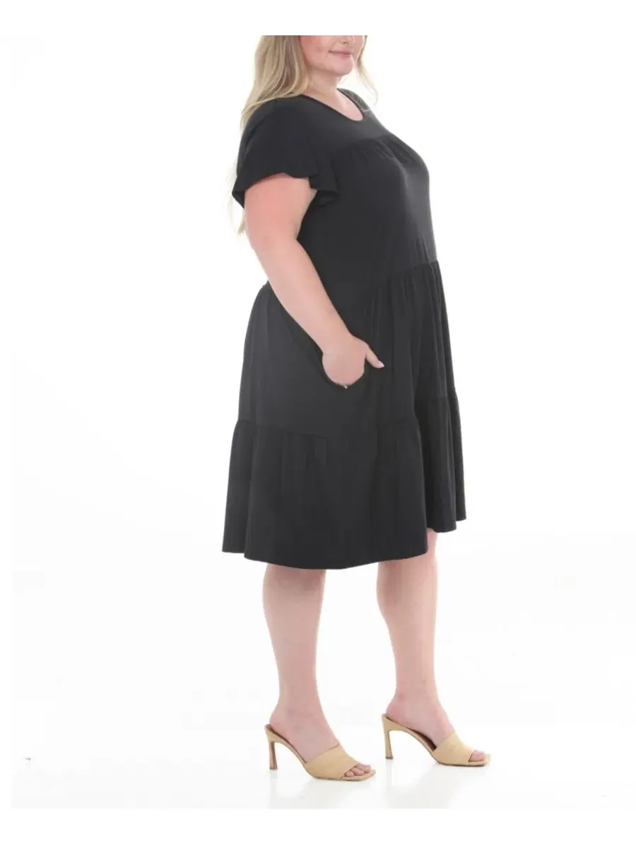 Платье миди с воланами и рукавом-фонарик Plus Size Flutter-Sleeve Ruffle Tiered Dress White Mark — изображение 3 из 5, черный