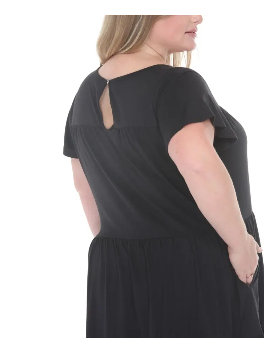 Платье миди с воланами и рукавом-фонарик Plus Size Flutter-Sleeve Ruffle Tiered Dress White Mark — изображение 4 из 5, черный