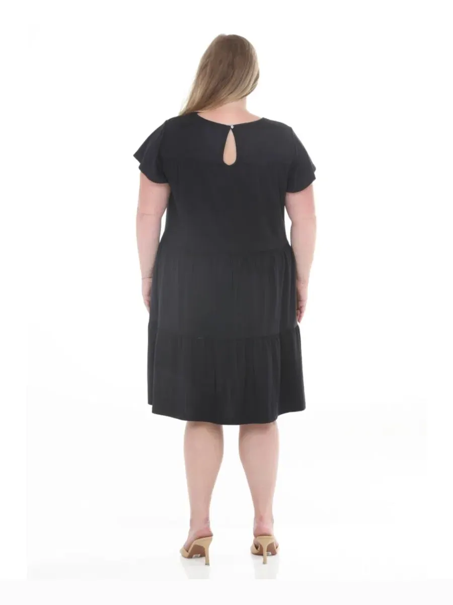 Платье миди с воланами и рукавом-фонарик Plus Size Flutter-Sleeve Ruffle Tiered Dress White Mark — изображение 5 из 5, черный