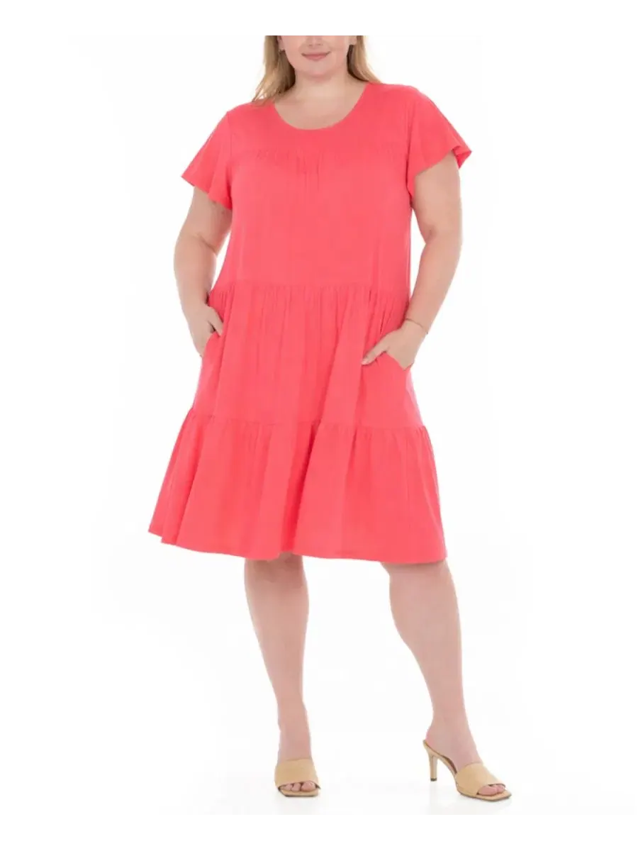 Платье с воланами и рукавом-крылышком Plus Size Flutter-Sleeve Ruffle Tiered Dress White Mark — изображение 1 из 5, коралл