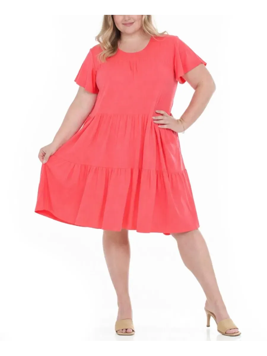 Платье с воланами и рукавом-крылышком Plus Size Flutter-Sleeve Ruffle Tiered Dress White Mark — изображение 2 из 5, коралл