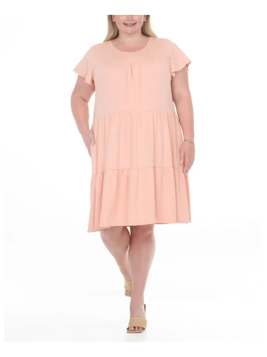 Платье с воланами и рукавом-фонарик Plus Size Flutter-Sleeve Ruffle Tiered Dress White Mark — изображение 1 из 5, розовый