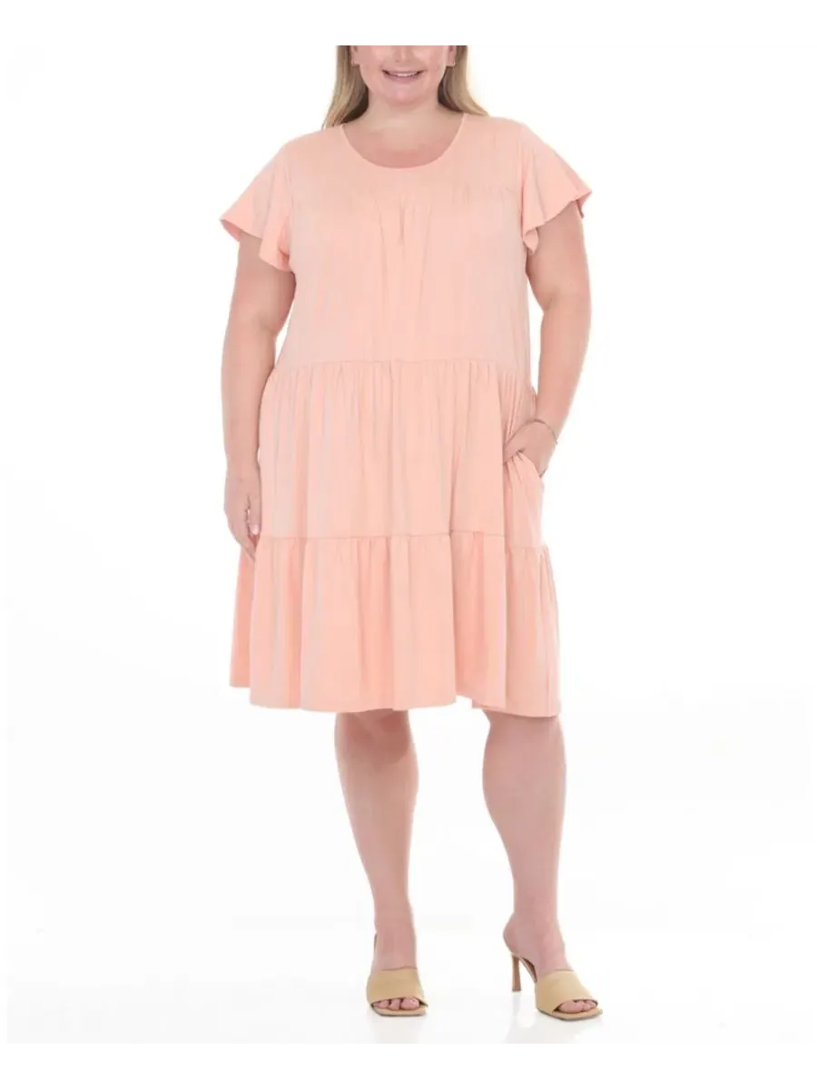 Платье с воланами и рукавом-фонарик Plus Size Flutter-Sleeve Ruffle Tiered Dress White Mark — изображение 2 из 5, розовый