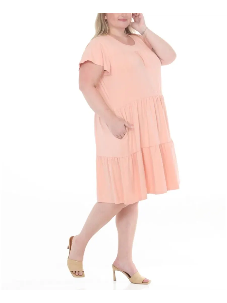 Платье с воланами и рукавом-фонарик Plus Size Flutter-Sleeve Ruffle Tiered Dress White Mark — изображение 3 из 5, розовый