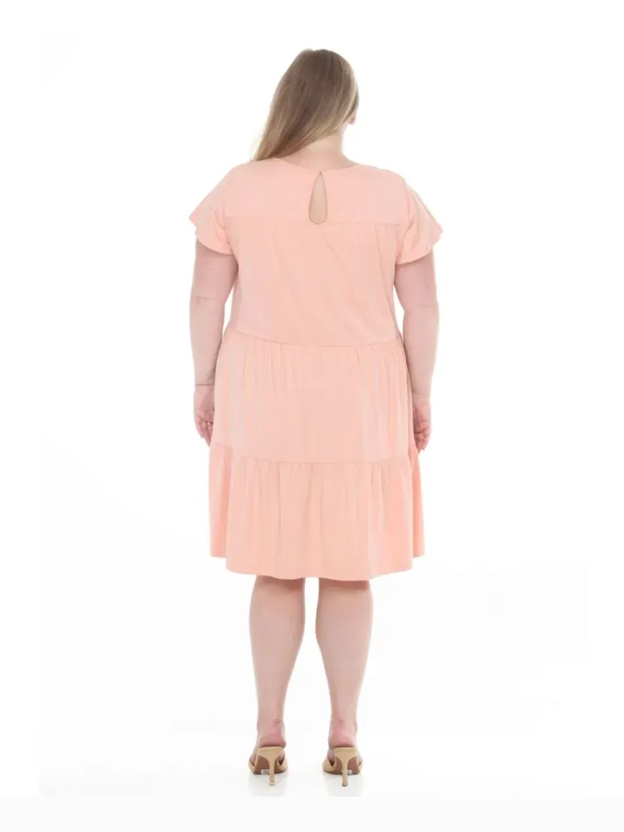 Платье с воланами и рукавом-фонарик Plus Size Flutter-Sleeve Ruffle Tiered Dress White Mark — изображение 5 из 5, розовый