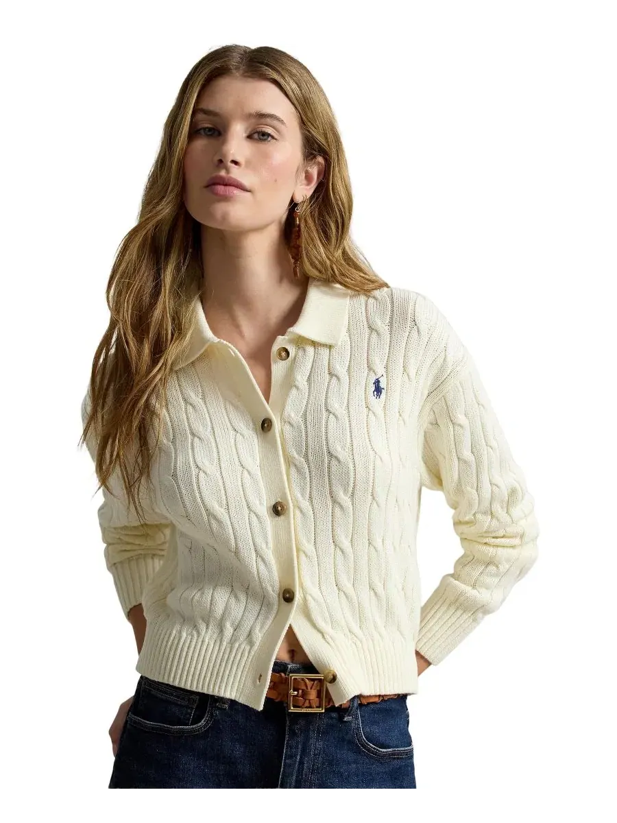 Кардиган женский с воротником-поло, длинным рукавом Polo Ralph Lauren — изображение 1 из 6, кремовый