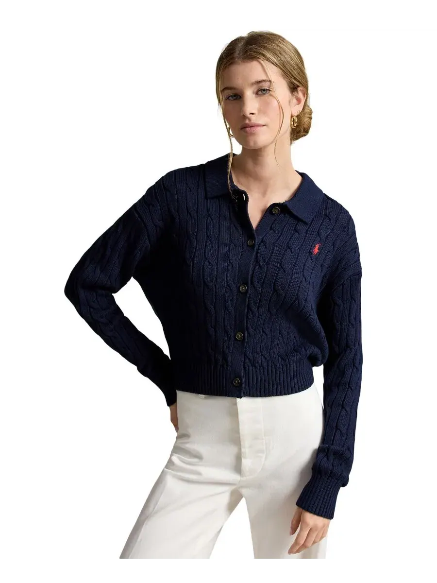 Кардиган женский с воротником-поло, длинным рукавом, из хлопка Polo Ralph Lauren — изображение 1 из 5, темно-синий