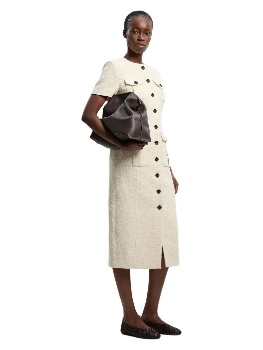 Платье миди из твида с текстурой, без рукавов Karen Millen — изображение 1 из 6, бежевый