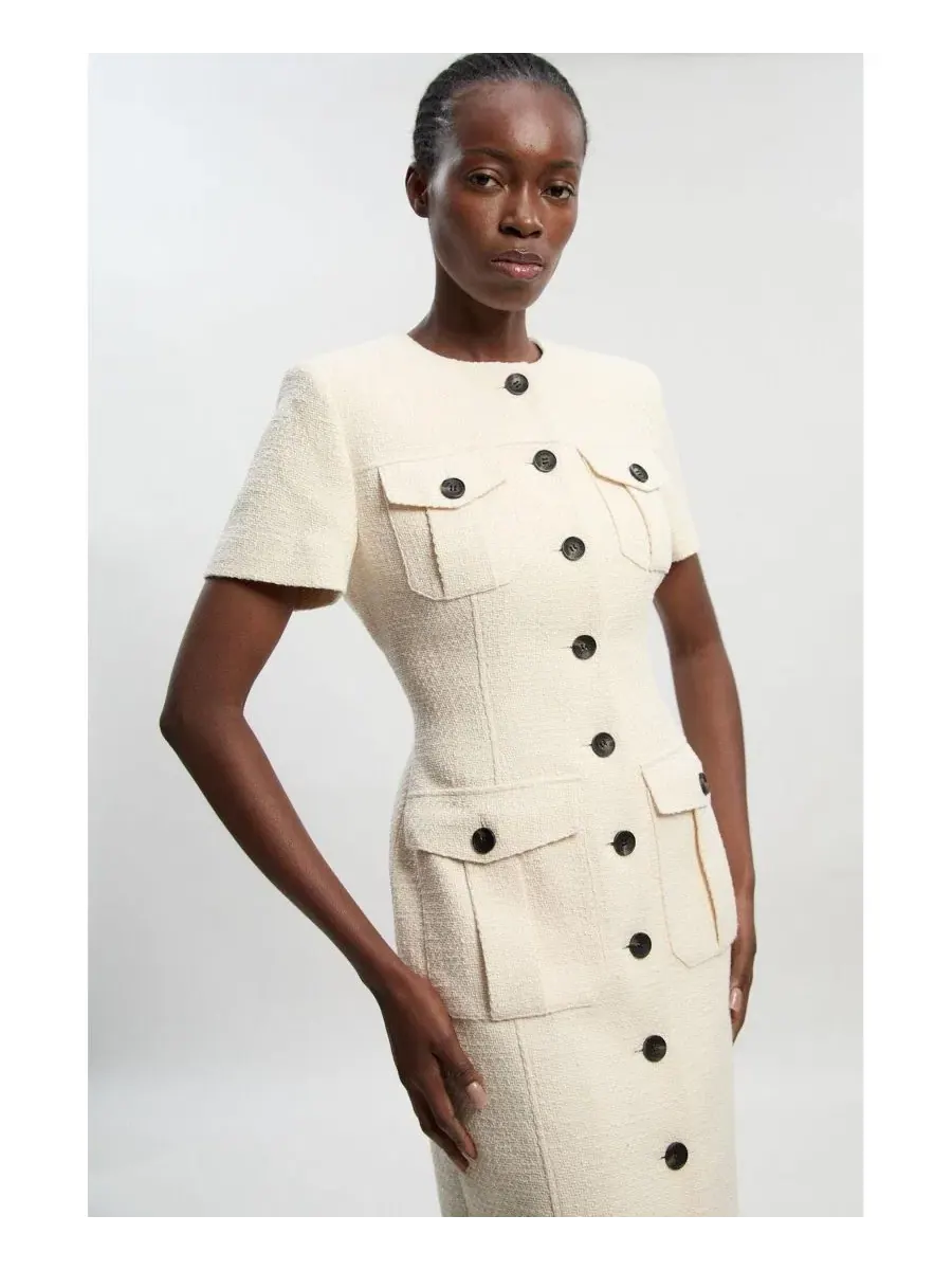 Платье миди из твида с текстурой, без рукавов Karen Millen — изображение 4 из 6, бежевый