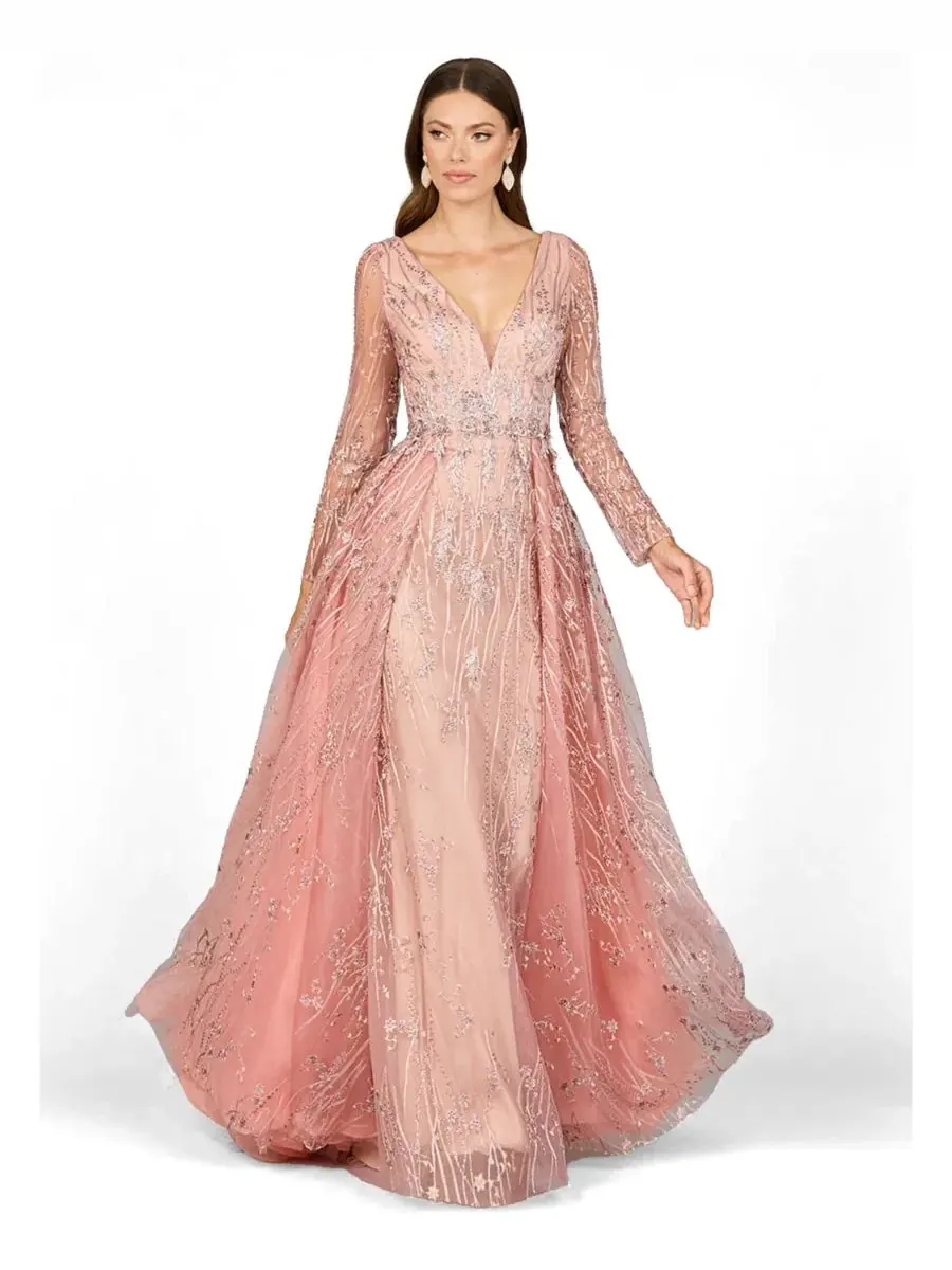 Платье-миди с длинным рукавом и overskirt, модель Elegant Overskirt Lara — изображение 1 из 3, пудровый розовый