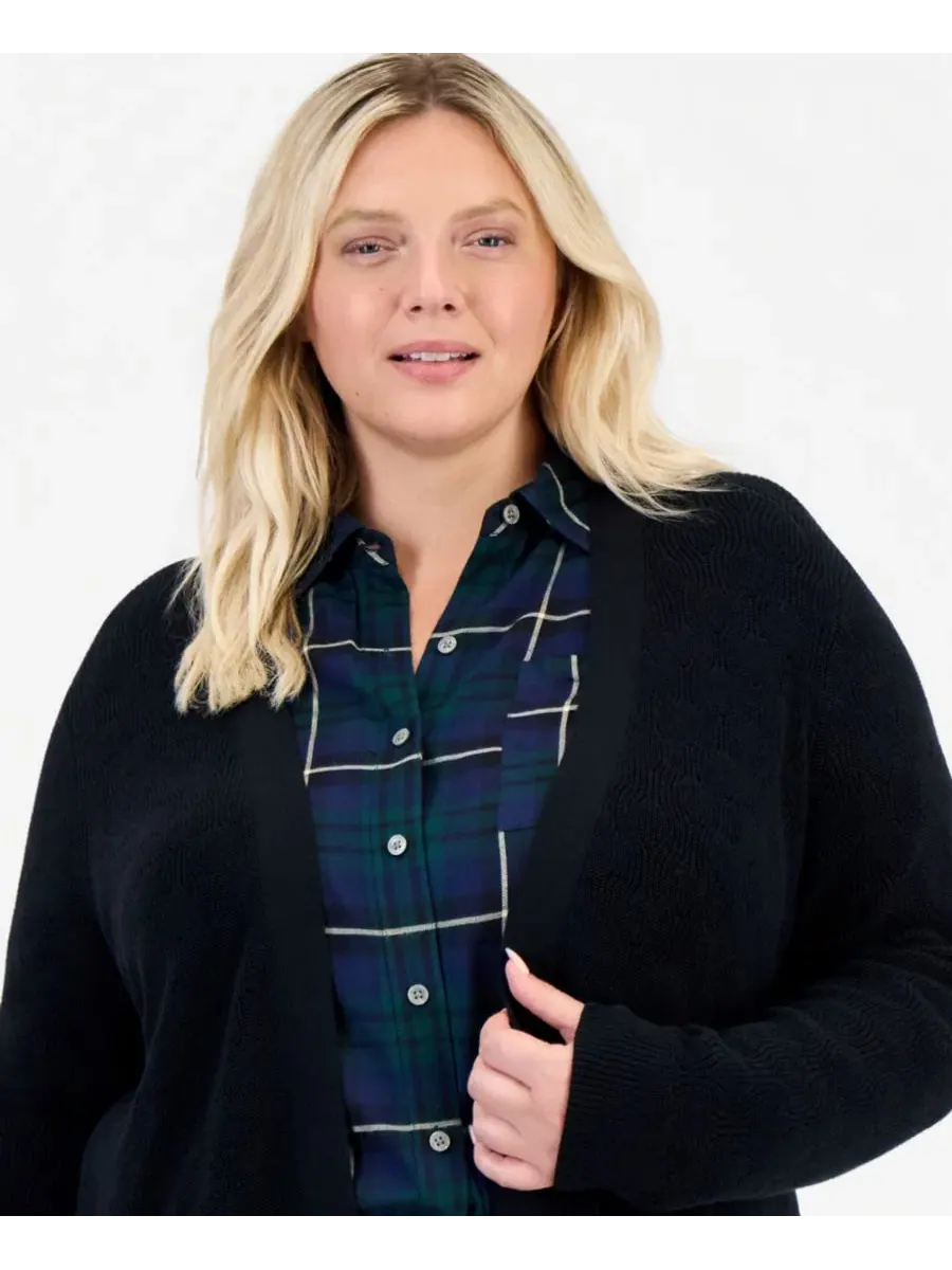 Кардиган с открытым передом и текстурой, Plus Size Style & Co — изображение 2 из 3, глубокий черный