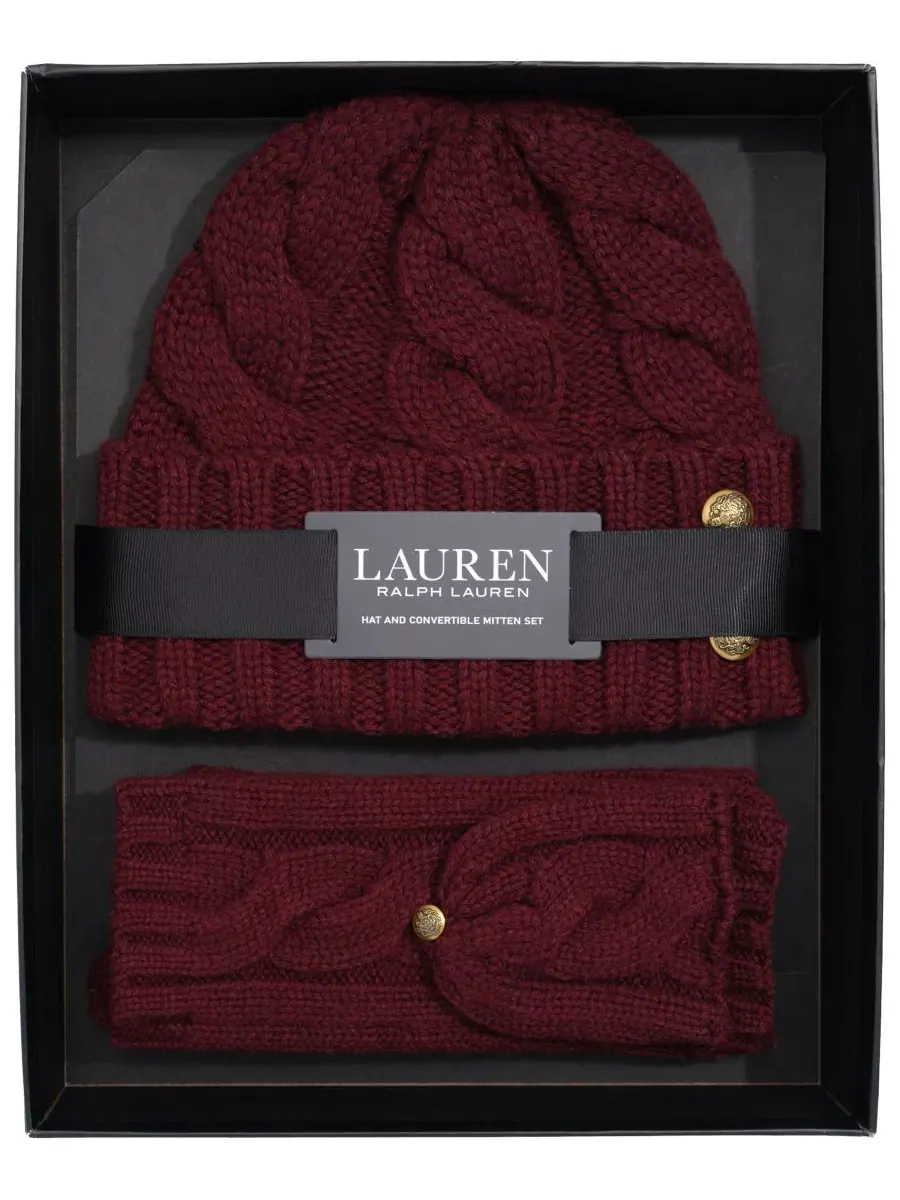 Комплект шапка и варежки с косами Convertible Cable Lauren Ralph Lauren — изображение 1 из 3, красный