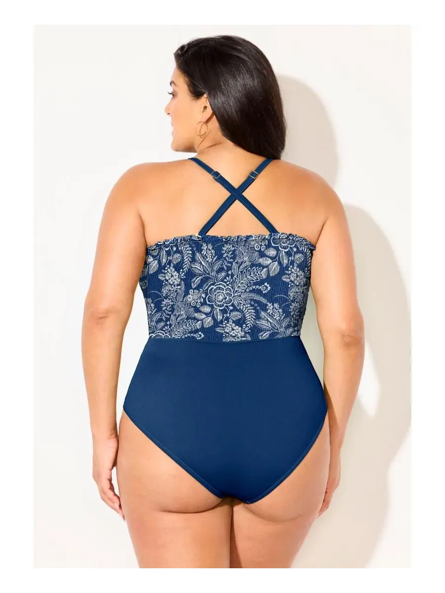 Цельнокроеный купальник с кольцами на бретелях Swimsuits for All — изображение 3 из 4, джинсовый синий