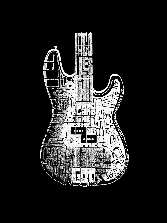 Мужская футболка с изображением бас-гитары Word Art LA Pop Art — изображение 3 из 3, черный