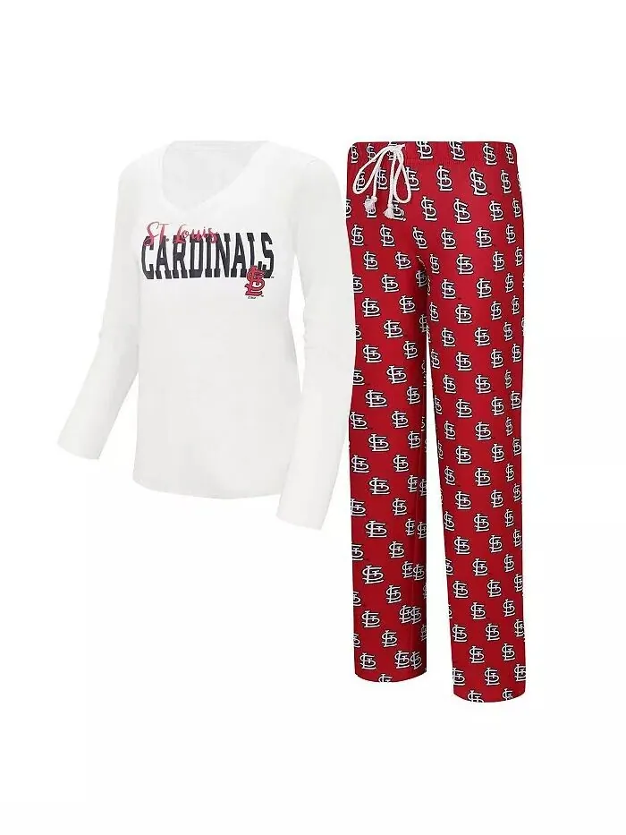 Женская белая и красная футболка St. Louis Cardinals с длинным рукавом и V-образным вырезом, а