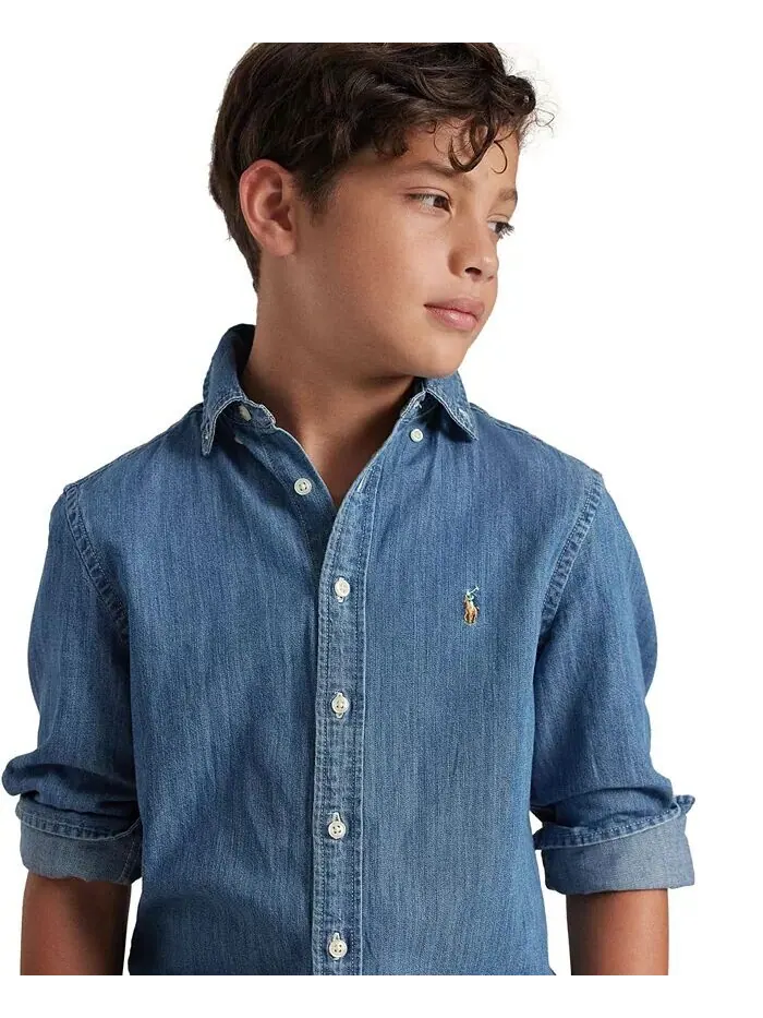 Спортивная рубашка из хлопка из шамбре для больших мальчиков Polo Ralph Lauren — изображение 4 из 6, синий