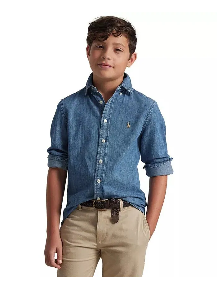 Спортивная рубашка из хлопка из шамбре для больших мальчиков Polo Ralph Lauren — изображение 1 из 6, светлый синий