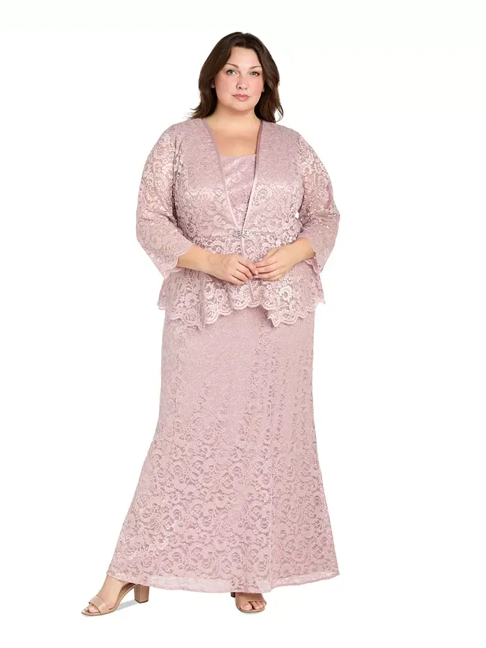 Жакет и платье с металлизированным кружевом Plus Size R & M Richards — изображение 1 из 5, розовый