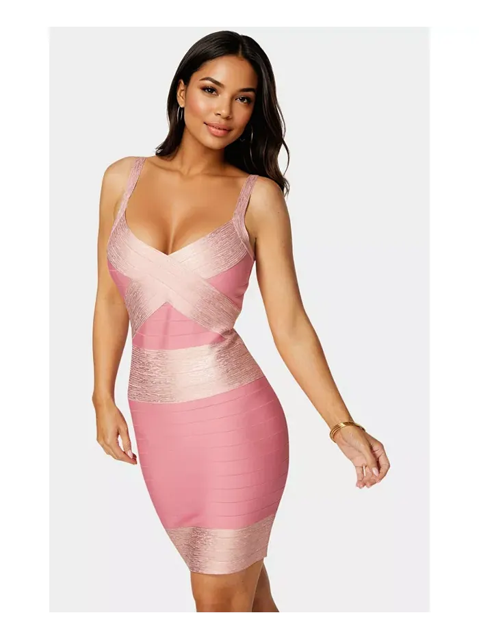 Женское платье с цветными блоками Bandage Dress Bebe — изображение 2 из 3, розовый золотистый